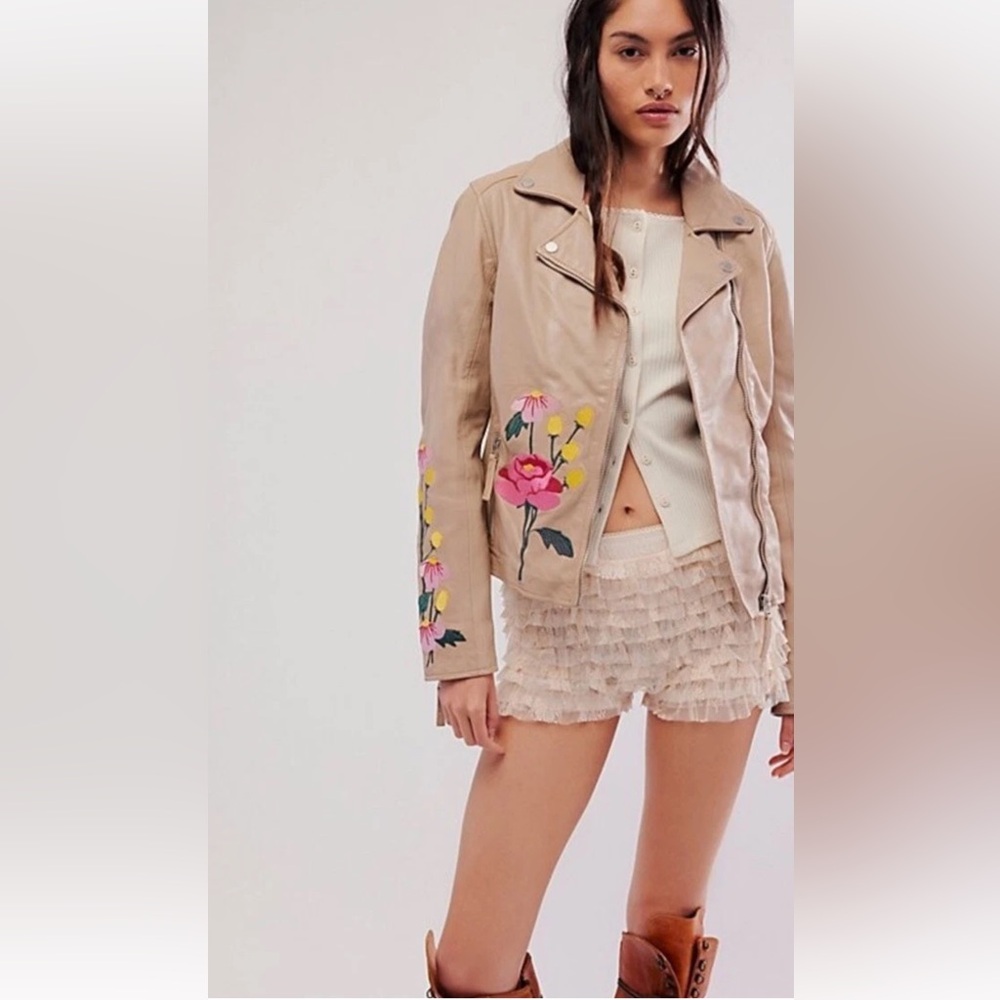 Free People Mauritius Peonie Leather Jacket Moto Embroidered Floral Light Beige